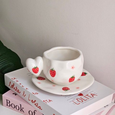 Strawberry Heart Handle Ceramic Mug