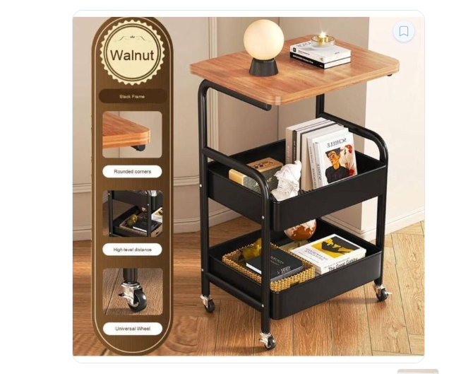 Chariot de Rangement Multifonction à Roulettes – Table d'Appoint 3 Niveaux avec Plateau en Bois