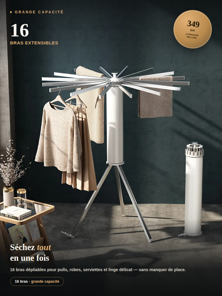 Étendoir à Linge Pliable 16 Bras en Aluminium – Grande Capacité et Gain d'Espace