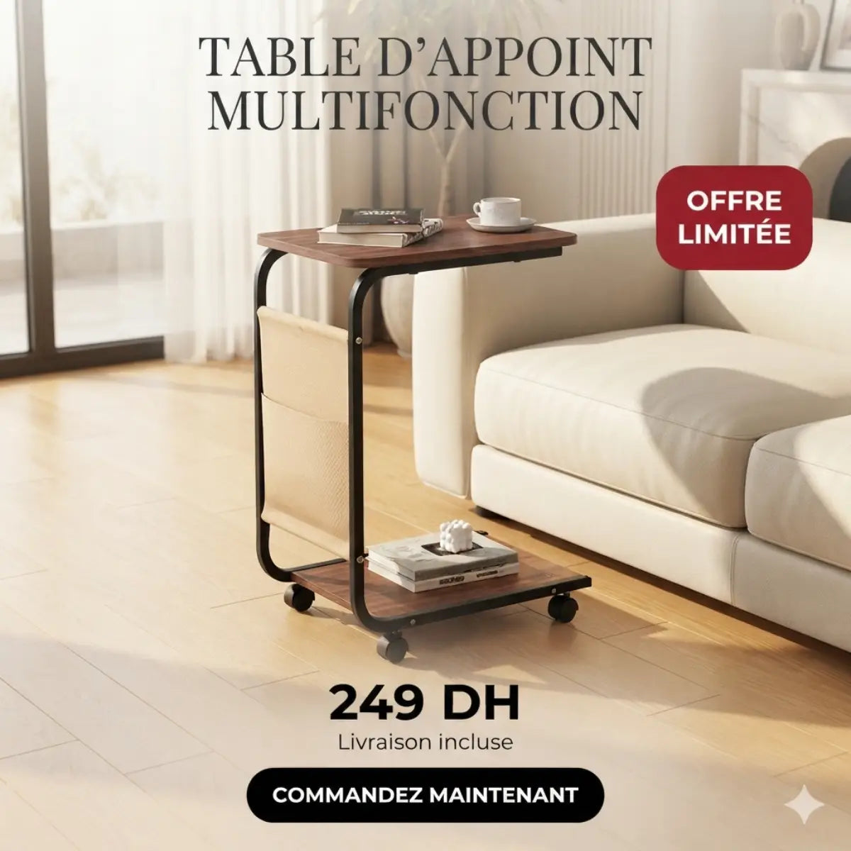 Table d'Appoint Multifonction à Roulettes – Design Moderne avec Rangement Intégré