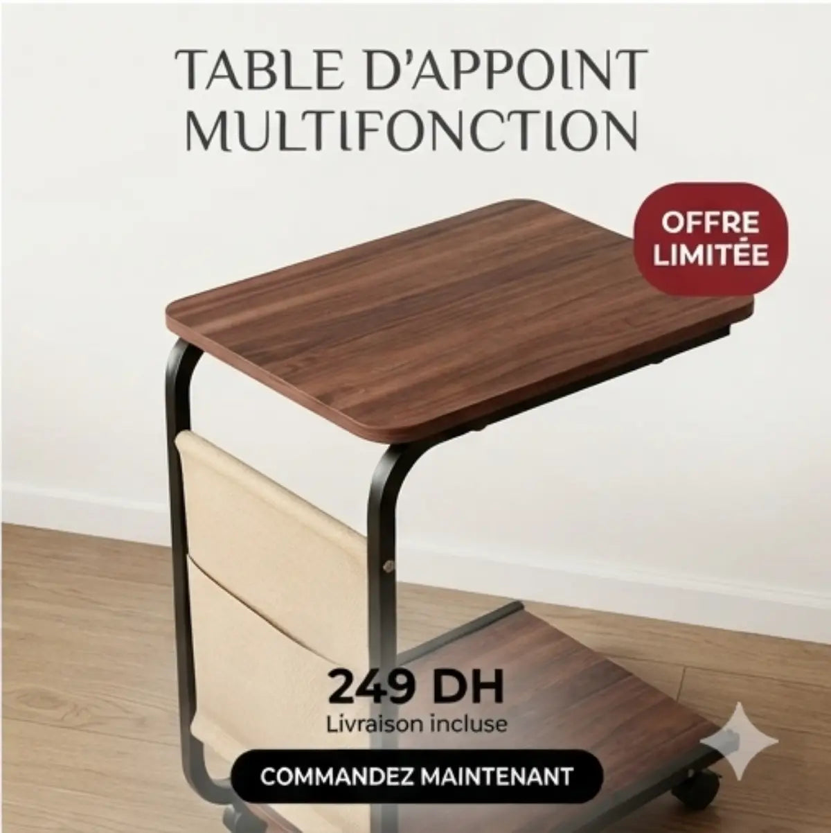 Table d'Appoint Multifonction à Roulettes – Design Moderne avec Rangement Intégré