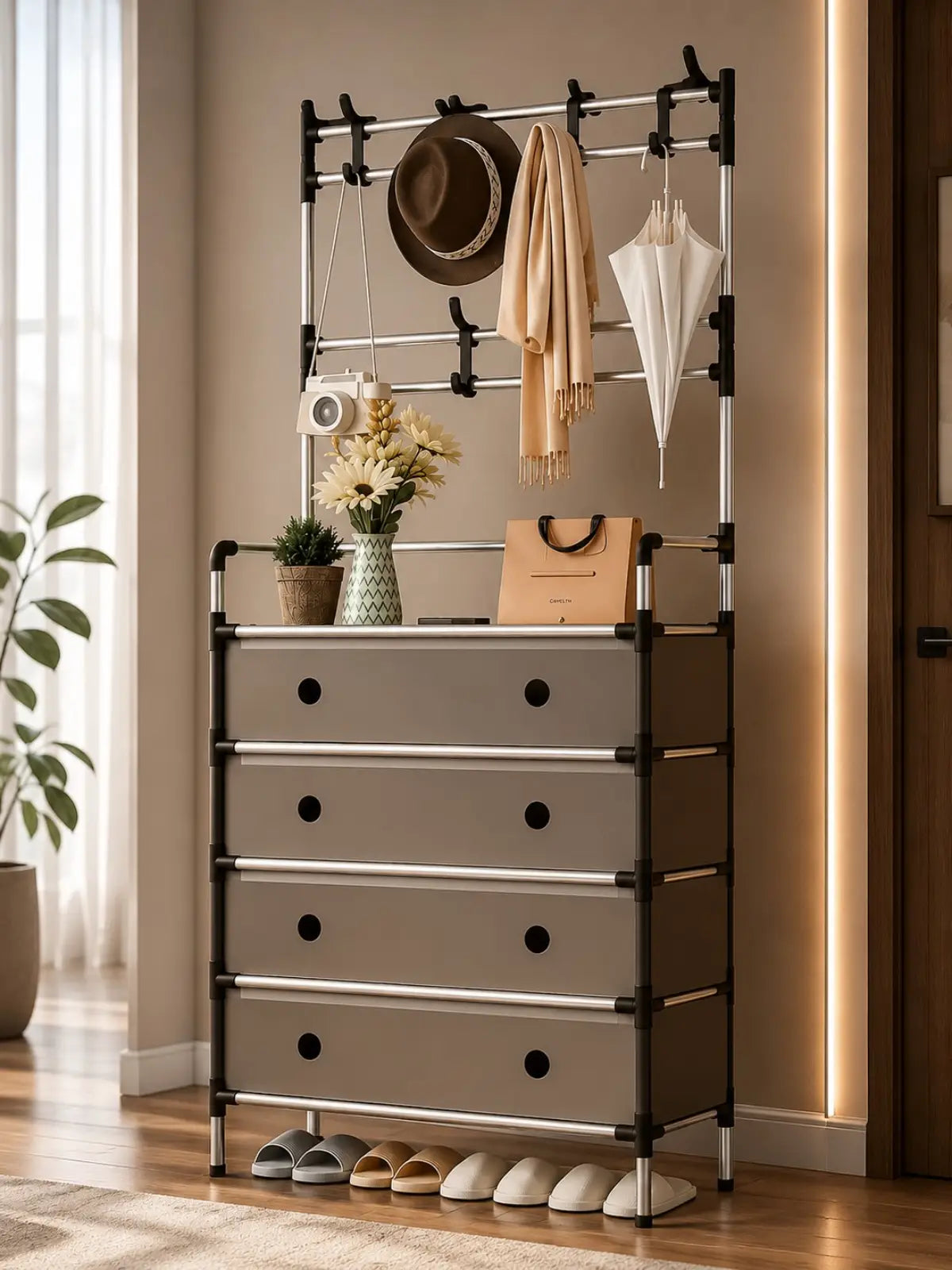 Meuble d'Entrée Multifonction avec Porte-Manteau – Armoire de Rangement 4 Tiroirs et Étagères à Chaussures