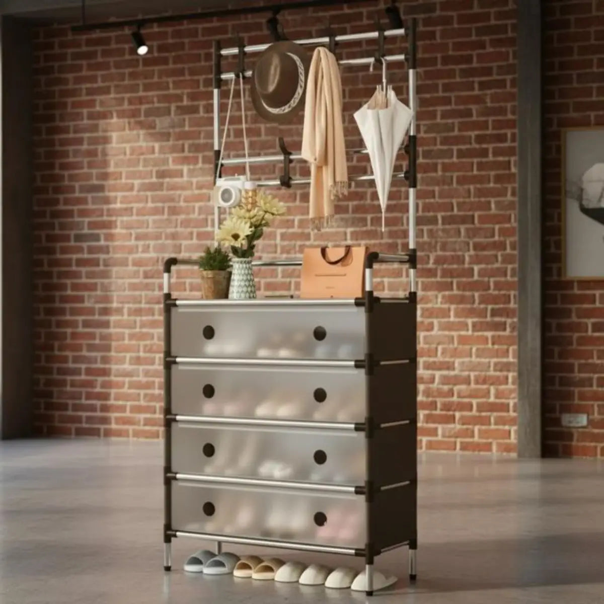 Meuble d'Entrée Multifonction avec Porte-Manteau – Armoire de Rangement 4 Tiroirs et Étagères à Chaussures