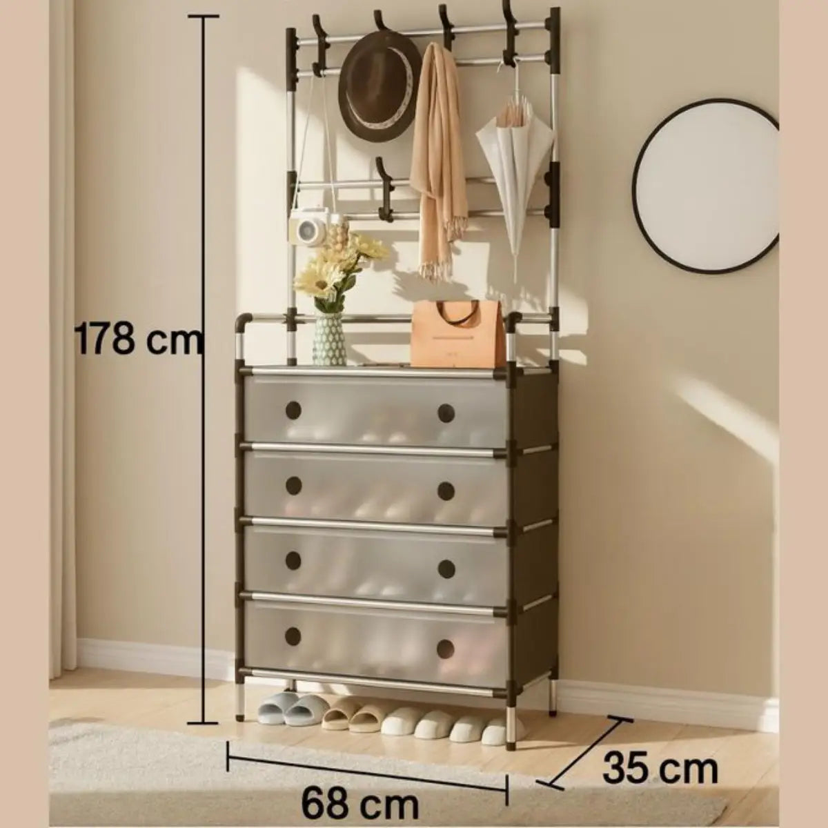 Meuble d'Entrée Multifonction avec Porte-Manteau – Armoire de Rangement 4 Tiroirs et Étagères à Chaussures