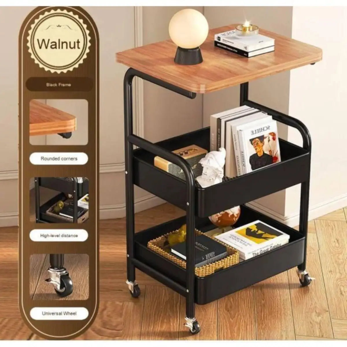 Chariot de Rangement Multifonction à Roulettes – Table d'Appoint 3 Niveaux avec Plateau en Bois