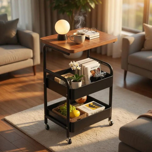 Chariot de Rangement Multifonction à Roulettes – Table d'Appoint 3 Niveaux avec Plateau en Bois