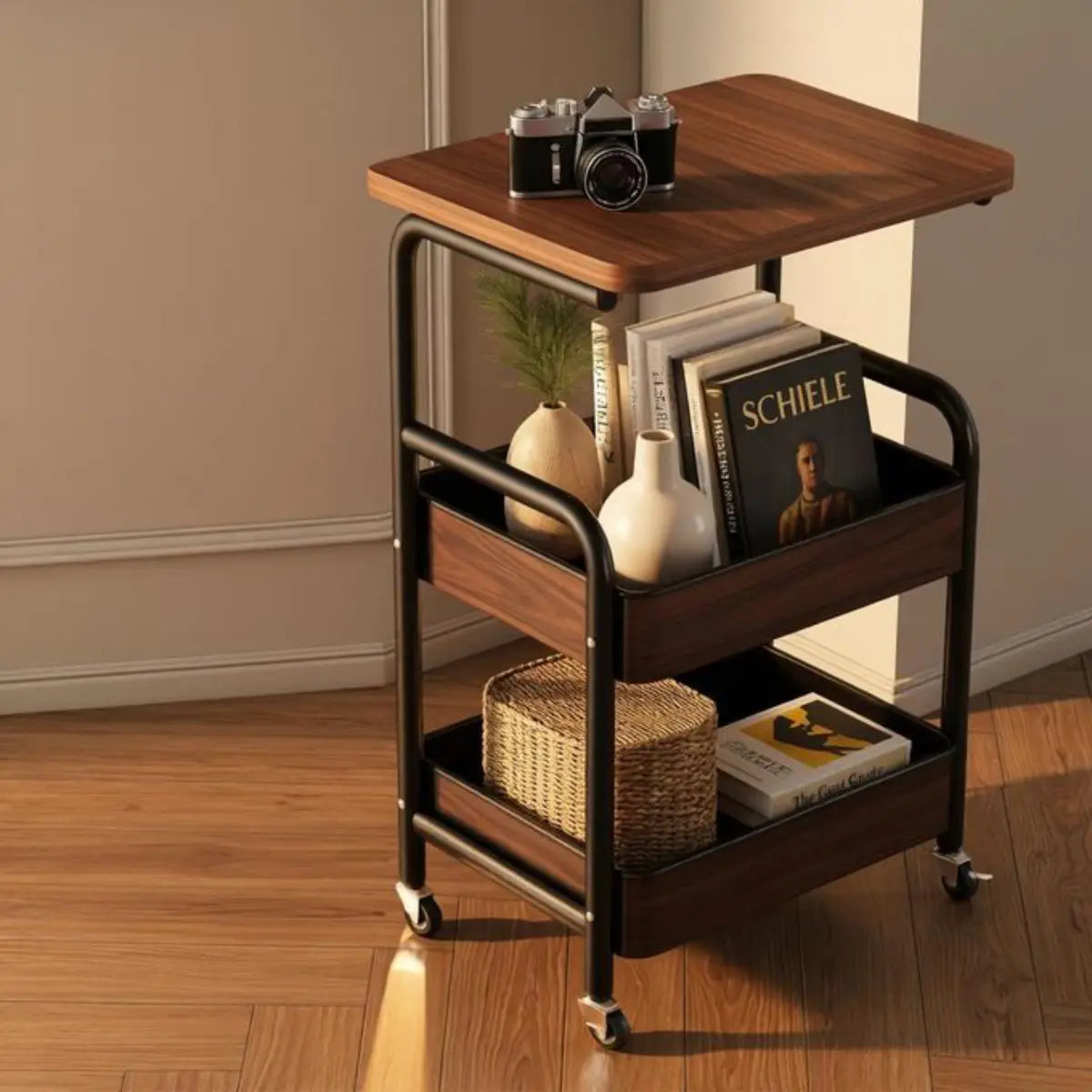 Chariot de Rangement Multifonction à Roulettes – Table d'Appoint 3 Niveaux avec Plateau en Bois