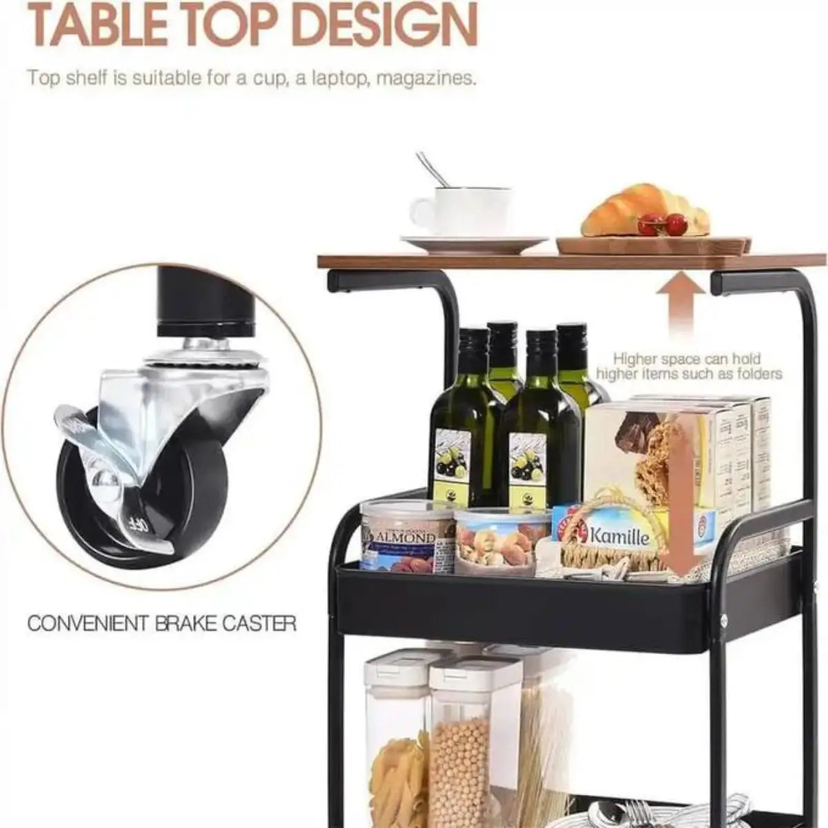 Chariot de Rangement Multifonction à Roulettes – Table d'Appoint 3 Niveaux avec Plateau en Bois