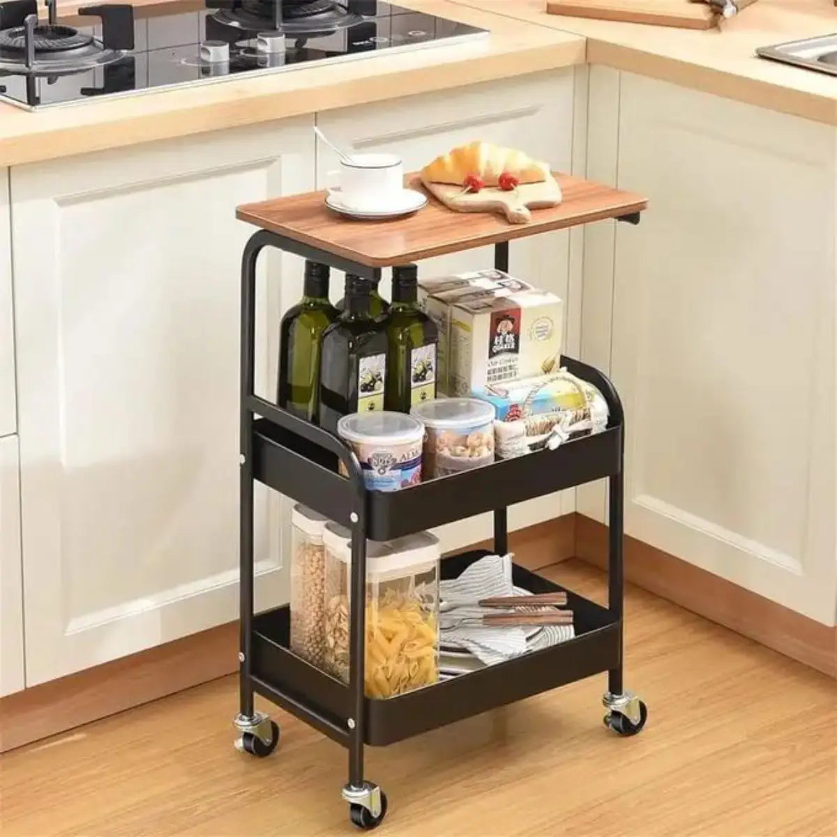 Chariot de Rangement Multifonction à Roulettes – Table d'Appoint 3 Niveaux avec Plateau en Bois