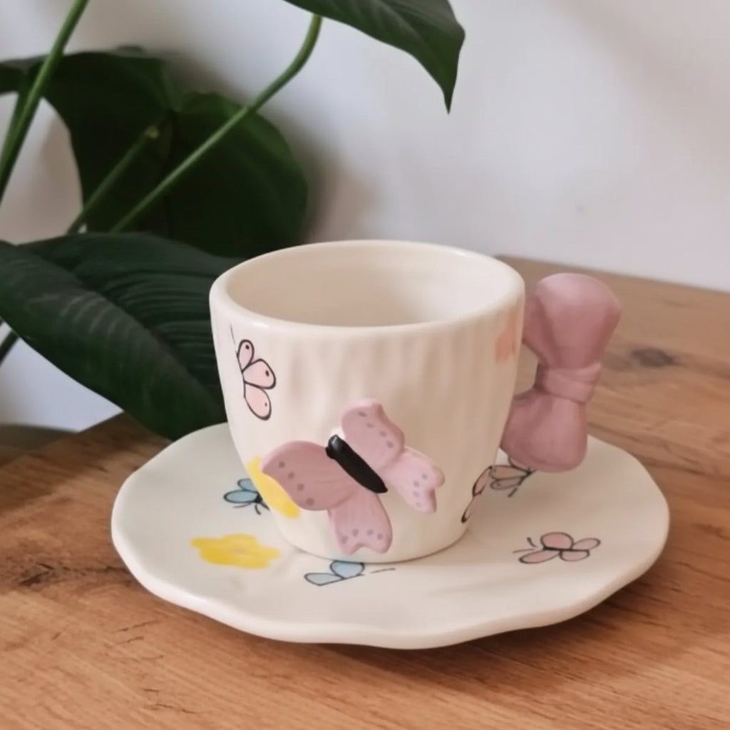 Cute Butterfly Ceramic Mug with Bow Handle