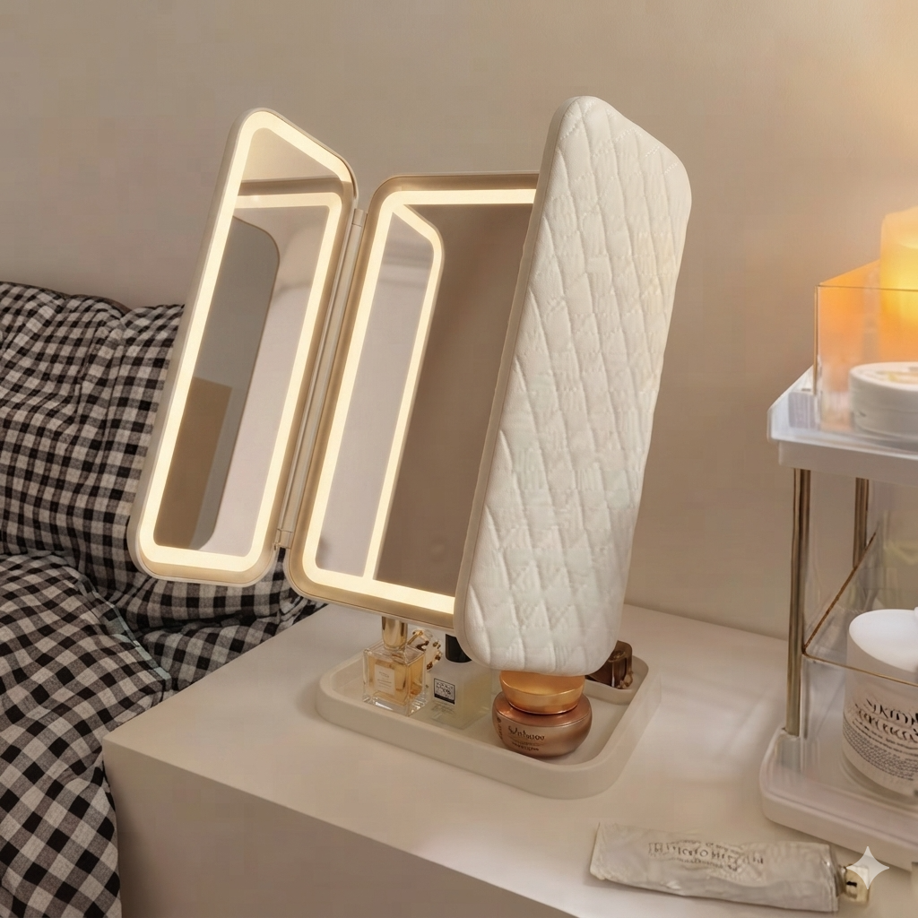 Miroir de Maquillage LED Pliable 3 Volets avec Organisateur de Cosmétiques – Élégant et Pratique