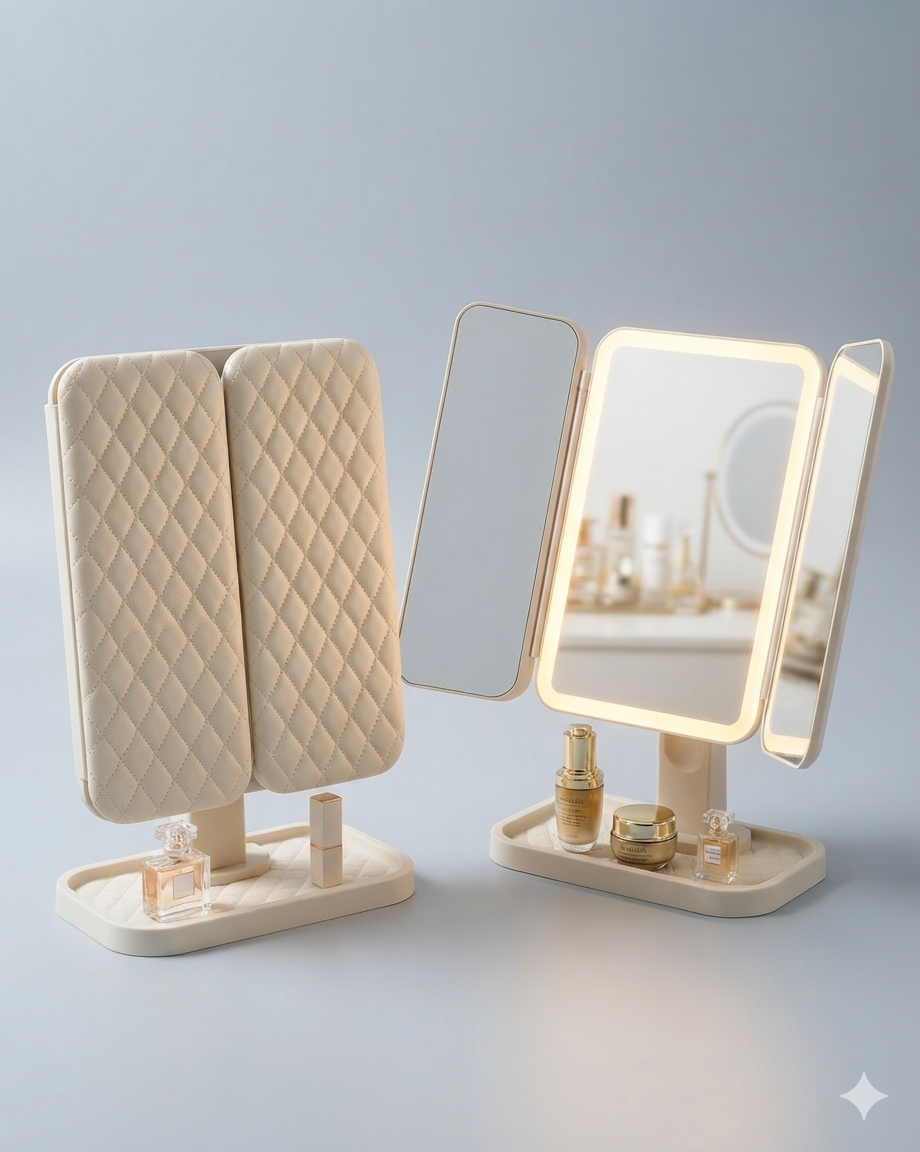 Miroir de Maquillage LED Pliable 3 Volets avec Organisateur de Cosmétiques – Élégant et Pratique