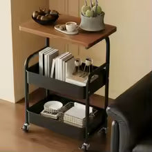 Chariot de Rangement Multifonction à Roulettes – Table d'Appoint 3 Niveaux avec Plateau en Bois